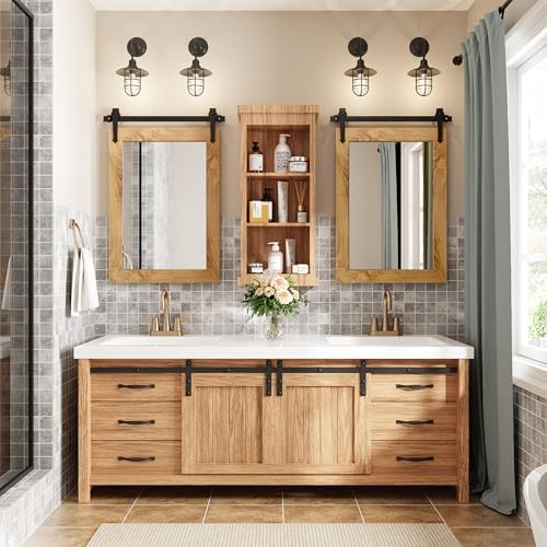 Farmhouse Bathroom Mirror 26”x40” Rustic Wood Framed Wall Mirror Barn Door - Image 3