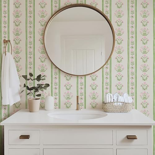 RollsRolla Green Stripe Peel and Stick Wallpaper Featuring Pink Floral - Image 3