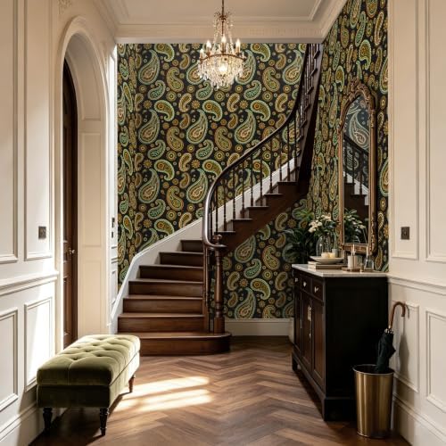 BOKEBEVE Black Floral Wallpaper Peel and Stick Vintage Green 17.5 x 118In - Image 7