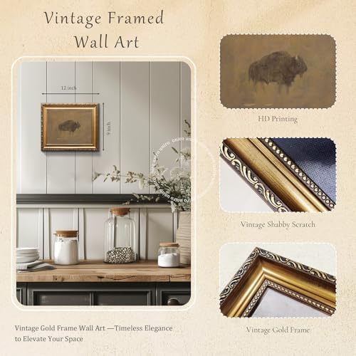uniro Vintage Gold Framed Wall Art, Rustic Bison Canvas Art Prints Painting - Image 2