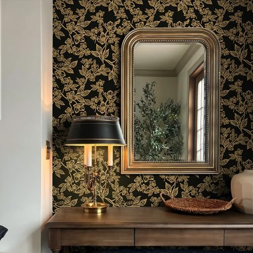 Ismoon Dark Floral Peel Stick Wallpaper Black Gold Wallpaper 17.3x78.7in - Image 5
