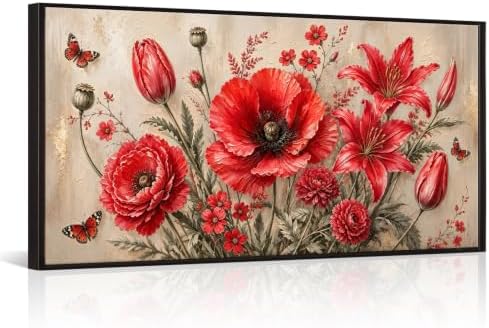 Nachic Wall Vintage Red Floral Wall Art Large Farmhouse Decor by NachicWall