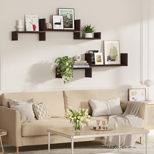 SRIWATANA Dark Walnut Floating Shelves, 5-Piece Set Wood Wall Storage Unit - Image 5