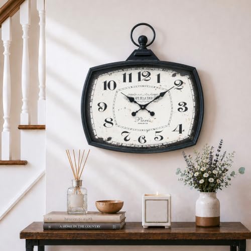 Large Farmhouse Wall Clock, Vintage Metal Rectangle Silent Battery Operated by JUMBO+DECOR
