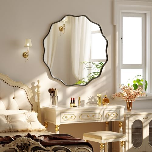 24" Decorative Scalloped Round Wall Mirror, Wavy Metal Deep Frame - Image 6
