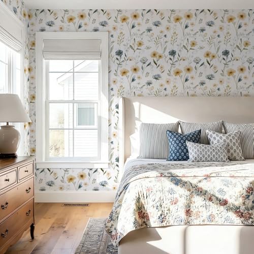 Ismoon Floral Peel and Stick Wallpaper Boho Wallpaper 17.3in x 6.56ft Blue and - Image 5