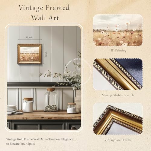 uniro Vintage Gold Framed Wall Art, Vintage Spring Floral Canvas Art Prints - Image 2