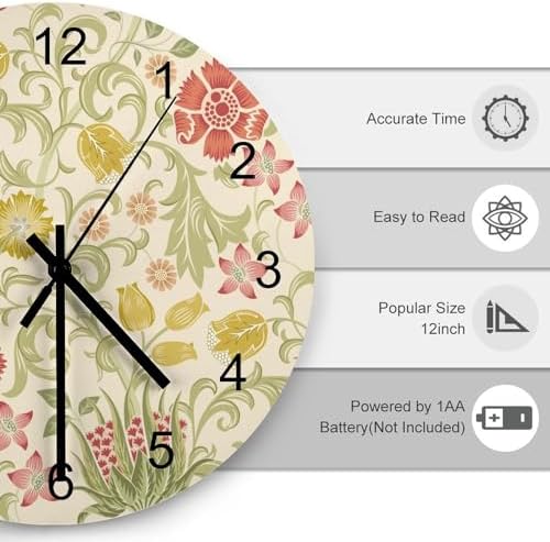 Retro Floral Wall Clock, Vintage William Morris Style White Garden Plants Herbs - Image 3