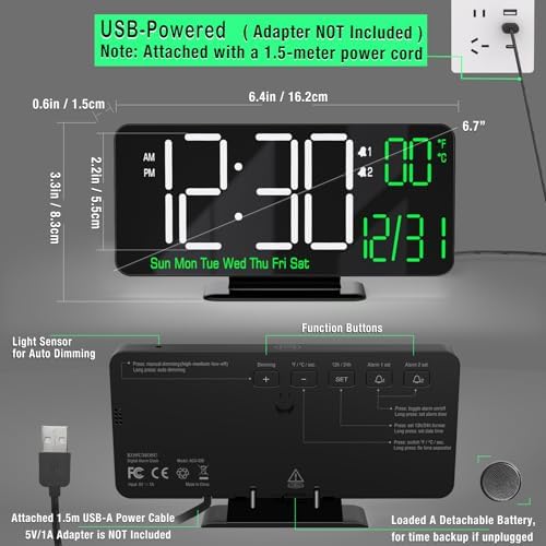KOSUMOSU Digital Clock for Bedroom, 6.7in Black Alarm Clocks for Bedrooms - Image 5