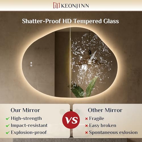 Keonjinn Asymmetrical LED Bathroom Mirror 30 x 40 Inch, HD Tempered Glass - Image 3