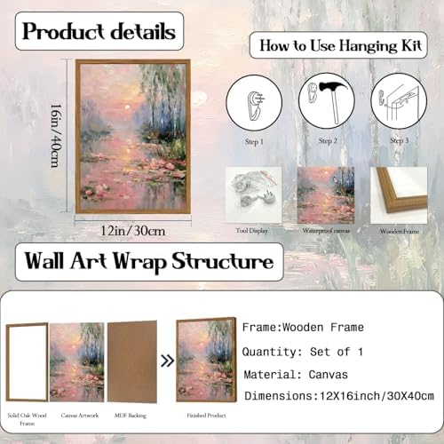 Framed Vintage Monet Canvas Wall Art, Impressionist Sunset Landscape Paintings - Image 5