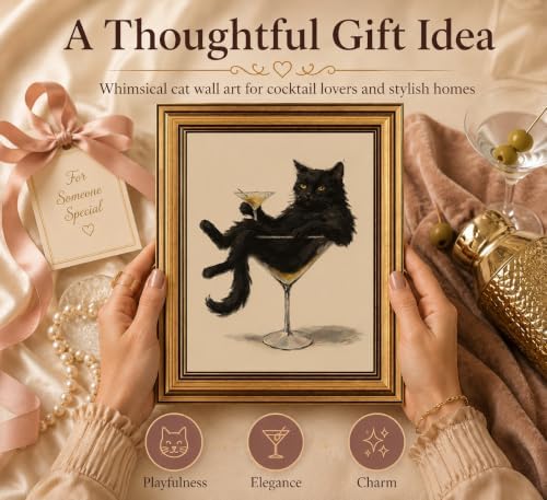 Gold Framed 3D Textured Wall Art, Vintage Black Cat Martini Canvas Prints - Image 3