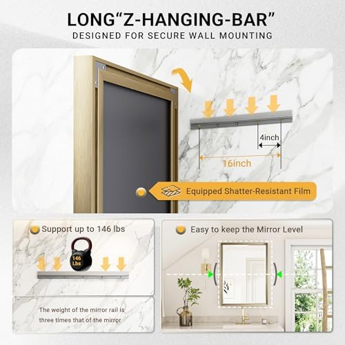 72 x 36 Gold Bathroom Mirror, Brushed Gold Beveled Bathroom Mirror, - Image 4