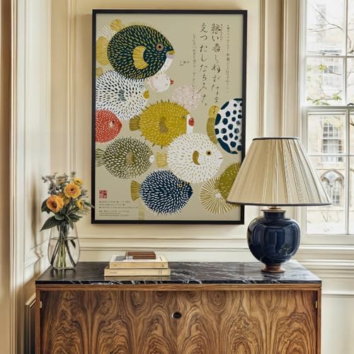 Black Framed Japanese Canvas Wall Art Vintage Puffer Fish Prints Posters - Image 4