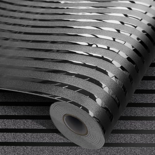 Black Metallic Peel and Stick Wallpaper Glossy Stripe Texture Wall Panels by MANONIRIA