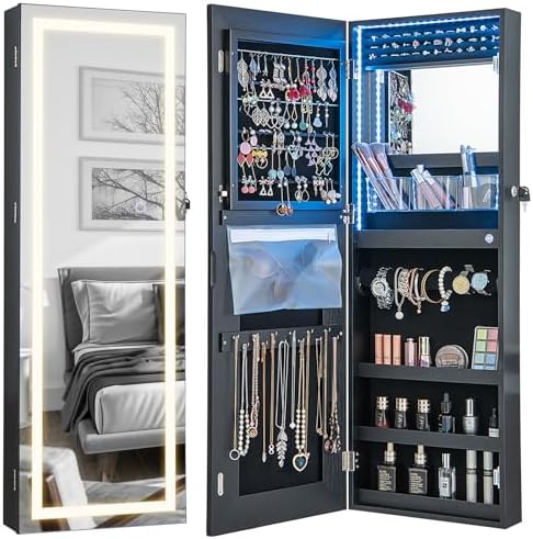 CHARMAID LED Mirror Jewelry Cabinet, Lockable Jewelry Armoire by CHARMAID