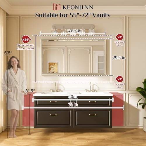 Keonjinn 55" x 30" Gold Bathroom Mirror, Beveled Edge HD Tempered Glass - Image 2