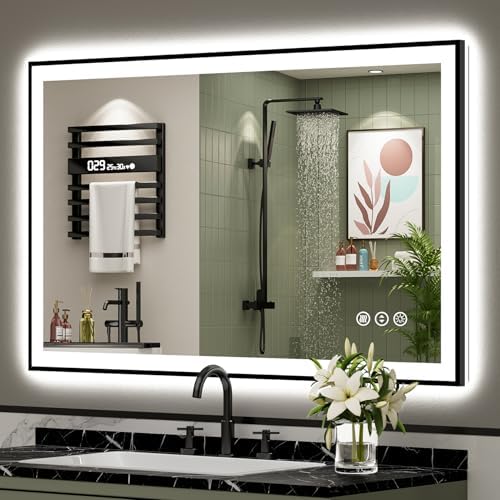 48x32 Black LED Bathroom Mirror, Backlit & Front Lit Lighted Mirror by Awandee