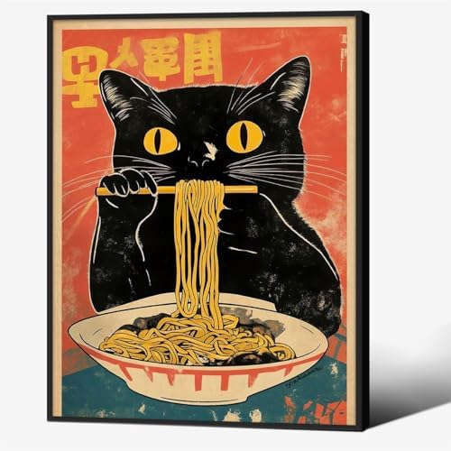 Black Framed Canvas Wall Art Posters Vintage Funny Black Cat Eating Ramen by Unknown