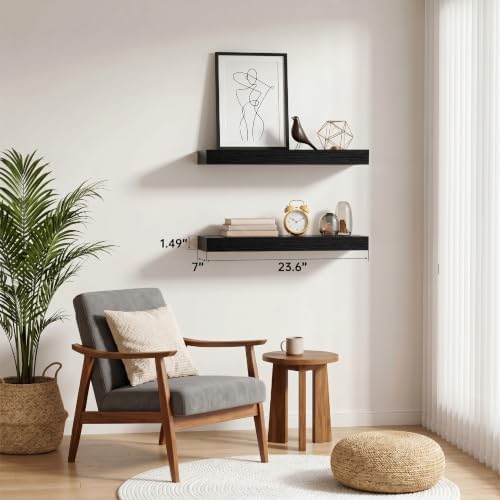 Black Modern Floating Shelves for Wall, 24 Inch Long Shelf Set of 2 - Image 2