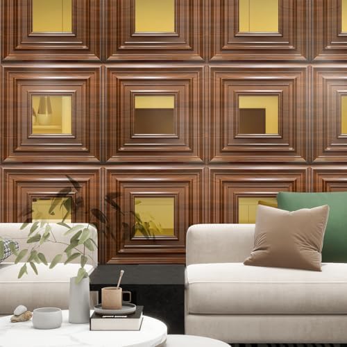 12 Pack PVC Ceiling Tiles 19.7"x19.7" – Gold Mirror & Wood Grain 3D Wall Panels - Image 2