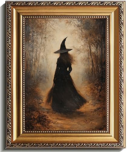 uniro Vintage Gold Framed Wall Art, Vintage Dark Forest Witch Halloween Painting by uniro