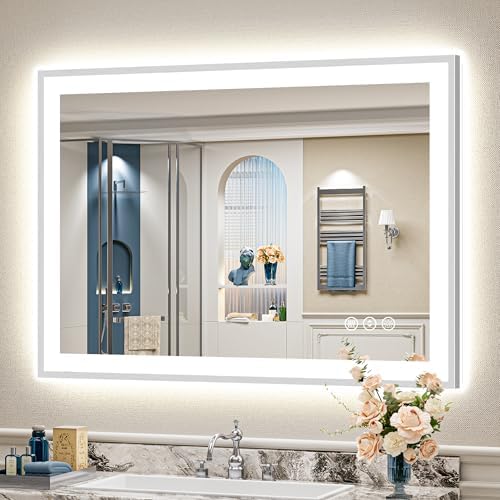 44x32 Inch Brushed Nickel LED Bathroom Mirror, Backlit & Front Lit by Awandee