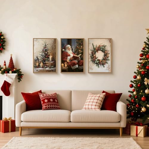 HOURIA Vintage Christmas Tree Santa Claus Framed Canvas Wall Art Set, Rustic - Image 2