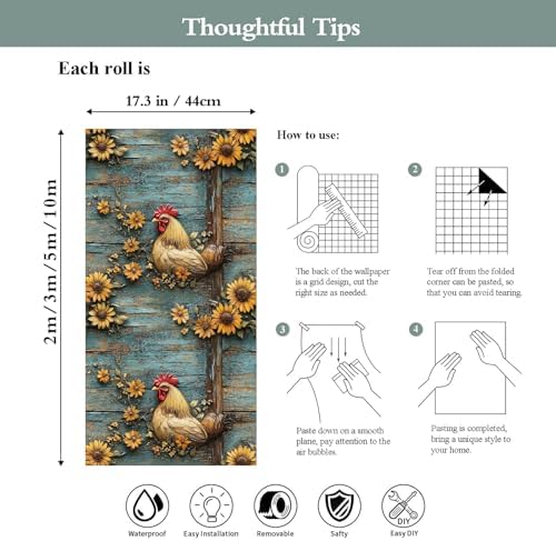 Sunflowers Rooster Wallpaper Peel and Stick 17.3"x197" Self Adhesive Thick - Image 7