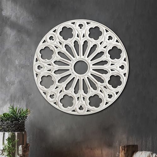XIAOAIKA Round Hand-Carved Wood Wall Art, Floral Geometric Design, 24 Inch - Image 6