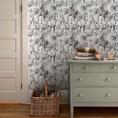 Black and White Peony Floral Horse Modern Peel and Stick Wallpaper Wall Decor - Image 3
