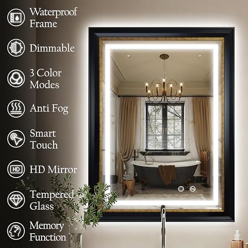 ROLOVE 23x33 Inch Lighted Baroque Bathroom Mirror, Antique Black and Gold - Image 3