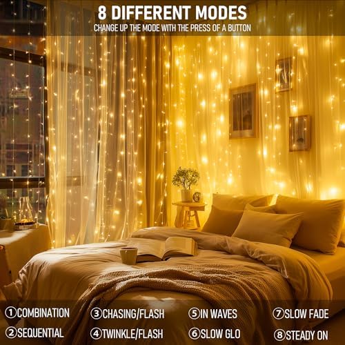 Dazzle Bright 300 LED Curtain Lights, Plug in Fairy Curtain Lights - Image 4