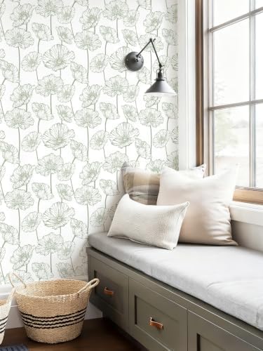 Orainege Floral Peel and Stick Wallpaper Green and White Wallpaper - Image 3