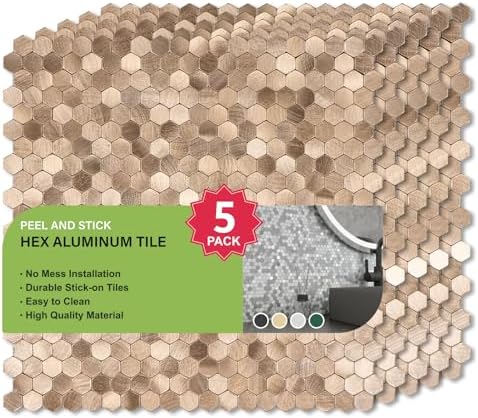 Select 5 Pack Hexagon Peel and Stick Backsplash Tiles, Brushed Gold - Image 5