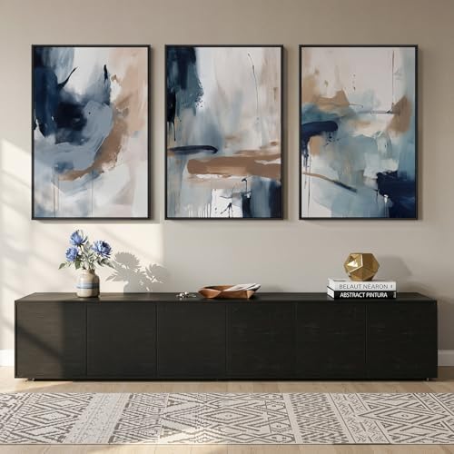 Large Framed Blue Neutral Abstract Wall Art by Cuspin