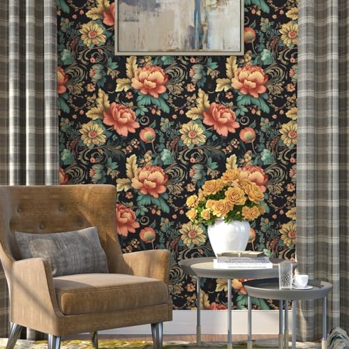 BOKEBEVE Floral Wallpaper Peel and Stick Vintage Black Orange 17.5 x 196In - Image 2