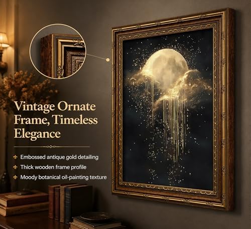 Vintage Gold Framed Moon Cloud Wall Art, Dark Academia Sky Canvas Print - Image 3
