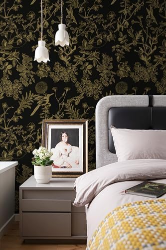 Safiyya Peel and Stick Wallpaper Floral Birds Contact Paper Black and Gold - Image 2