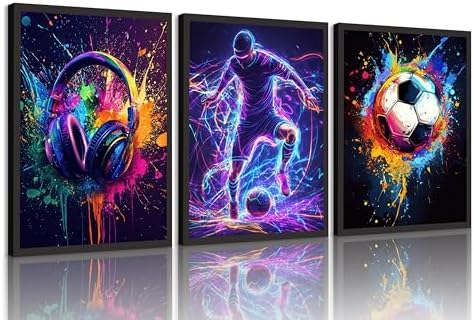 3 PCS Soccer Wall Art Neon Sports Canvas Prints by Unknown