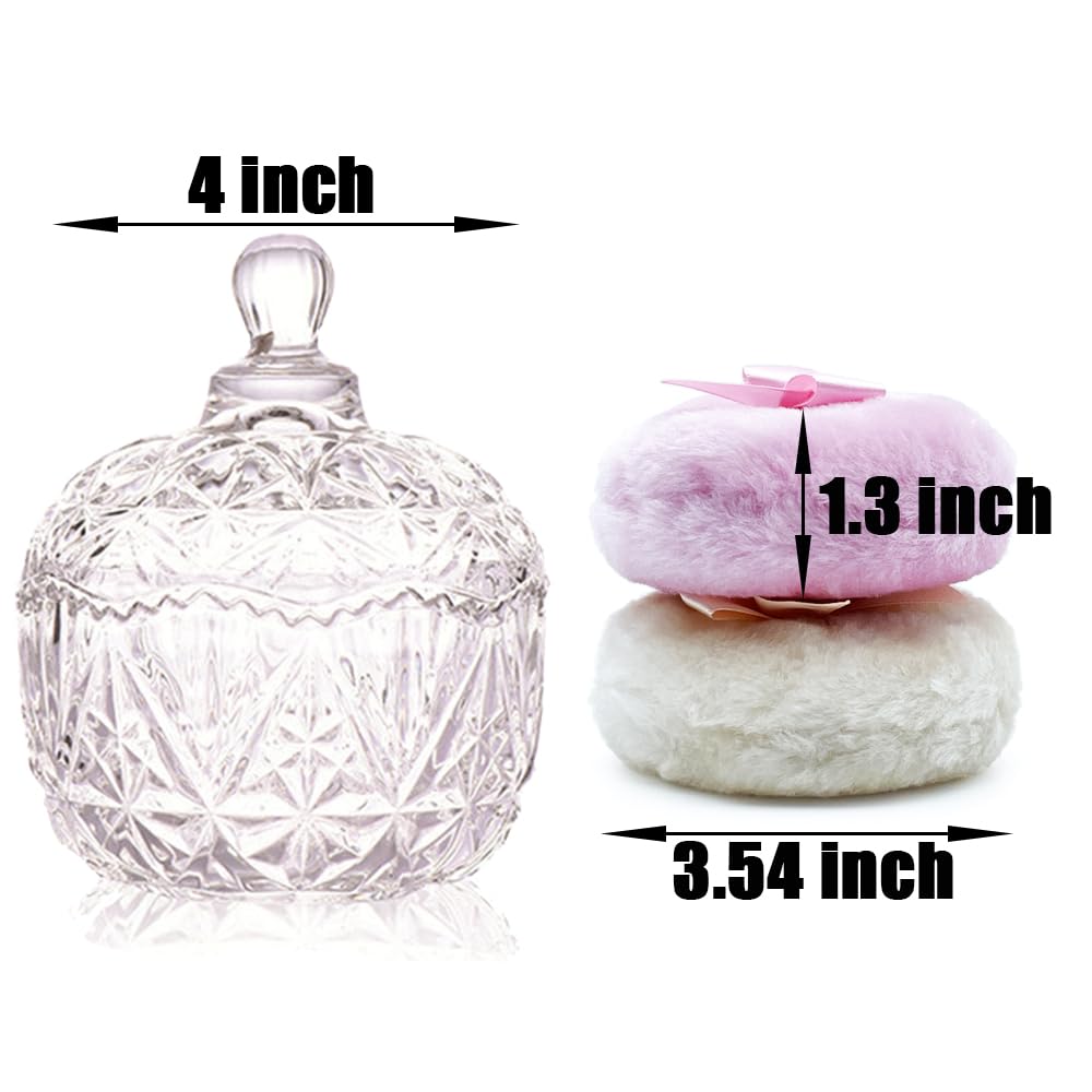 Luxury 4 Inch Glass Loose Powder Container with 2 Soft 3.5" Puffs｜Non-Sealed Refillable Organizer Storage for Body Powder Makeup & Jewelry & Setting Applicator(Crown-Clear)