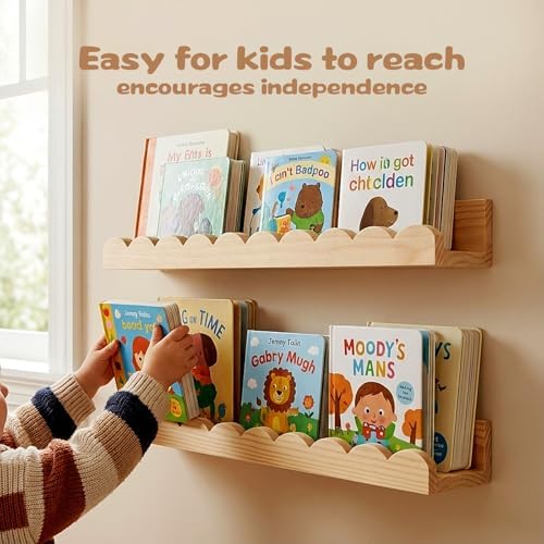 Nursery Floating Shelves for Kids Room, 4 Pack 15.7 Inch Natural Wood Wall - Image 3