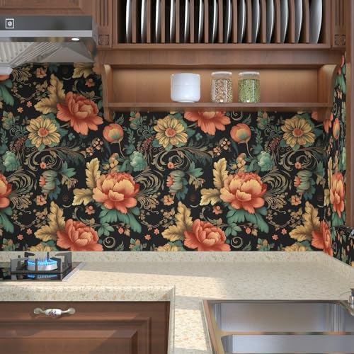 BOKEBEVE Floral Wallpaper Peel and Stick Vintage Black Orange 17.5 x 118In - Image 2