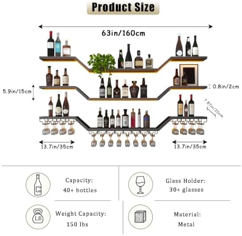 63" Modern LED Wine Rack Wall Mounted, 3-Tier Floating Bar Shelves - Image 2