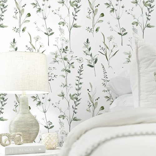 Peel and Stick Wallpaper for Bedroom Green Leaves Self-Adhesive by Fiula