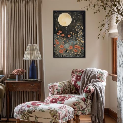 Vintage Moon Flowers Canvas Wall Art, Retro Mystical Celestial Moon Poster - Image 4