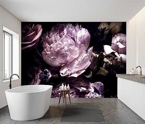 -Black Peony Purple Floral Botanical Fabric Wallpaper Living Room Bedroom - Image 3