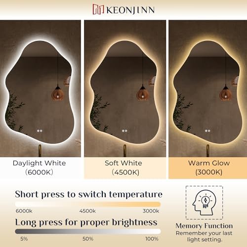 Keonjinn 24" x 36" Asymmetrical Backlit Bathroom Mirror, HD Tempered Glass - Image 4