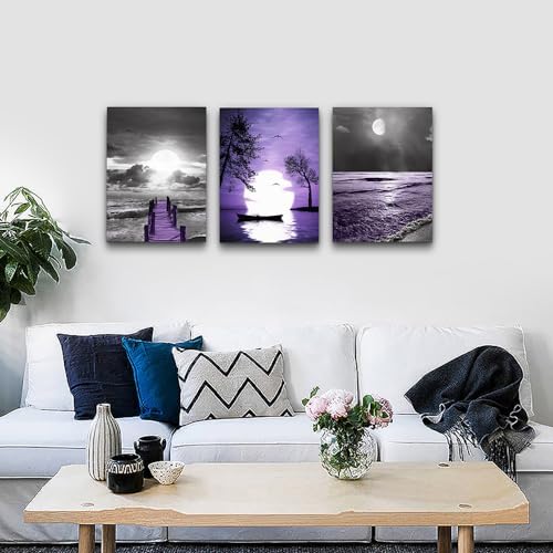 Lapremoly Black And White Purple Ocean Landscape Large Wall Decor - Image 2