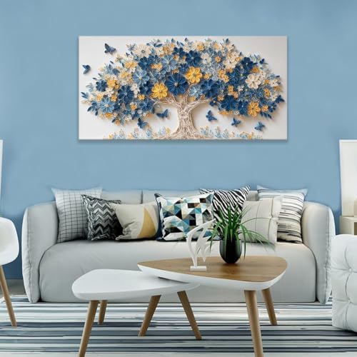 Blue Yellow Floral Tree Of Life Butterfly Canvas Wall Art Decor 24" X 48" - Image 6